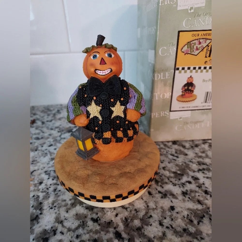Halloween Boy Pumpkinhead With Lantern Our America Jar Topper by Heather Hykes